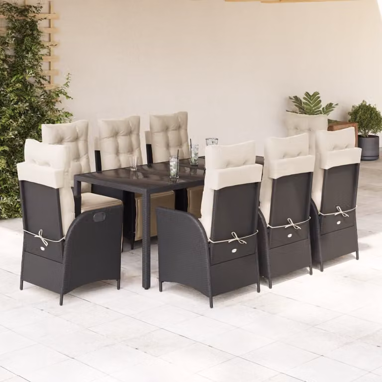 Set da Pranzo da Giardino vidaXL in Polyrattan Nero con Cuscini e Tavolo in Vetro, 9 Pezzi