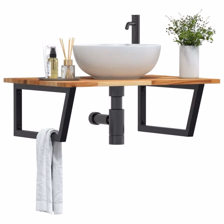 vidaXL Ripiano a Parete per Lavabo in Acciaio e Legno di Acacia Oliato, Nero e Marrone