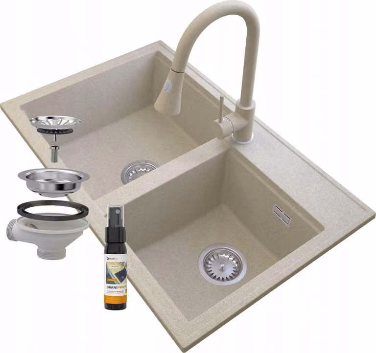 Granitan - Lavello in granito - Lavello da cucina - Beige - con rubinetteria e sifone - Lavello - HEKTOR