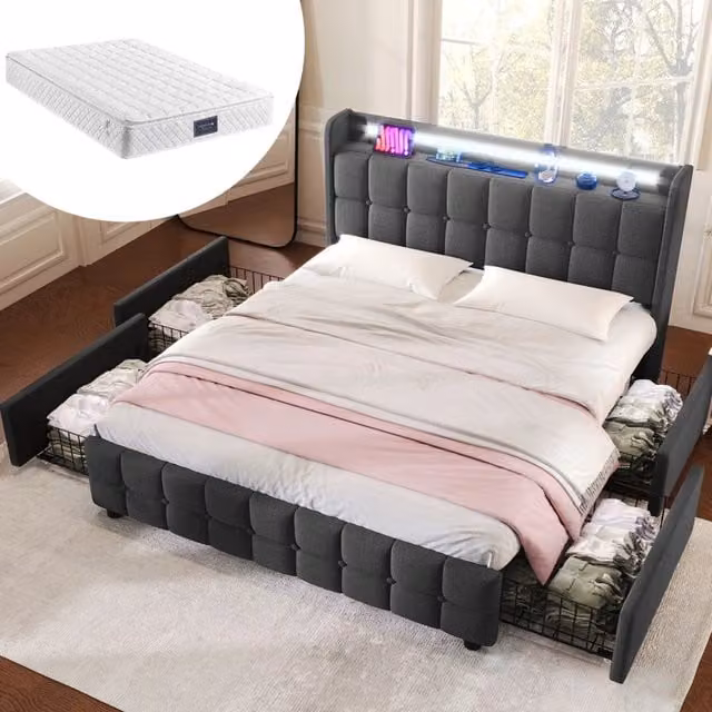 Letto matrimoniale imbottito ULEVR 140x200 cm con materasso, 4 cassetti, LED, prese USB e rete a doghe, grigio