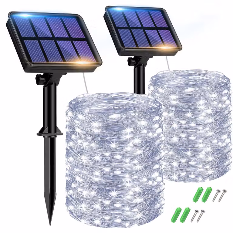 Catena luminosa solare con 150 LED, luce bianca fredda, per uso esterno