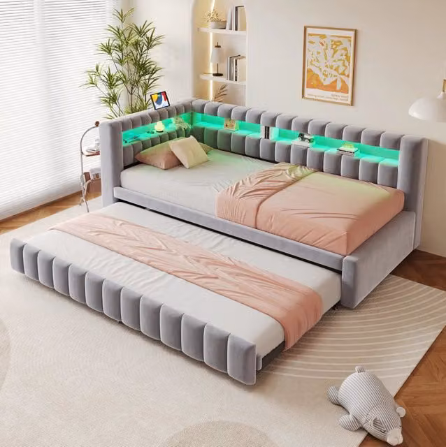 Divano letto imbottito estraibile 90x200 cm con LED; porte USB e Type-C; velluto grigio chiaro