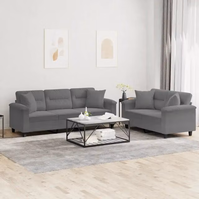 Set di 2 Divani vidaXL in Tessuto Microfibra Grigio con Cuscini e Imbottitura in Schiuma – 1