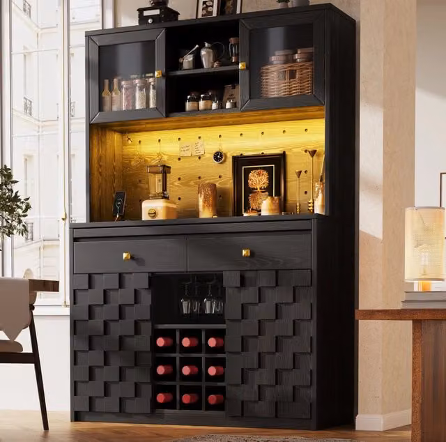 Armadio alto da cucina 120x40x178 cm in MDF e acrilico nero con LED RGB e prese USB