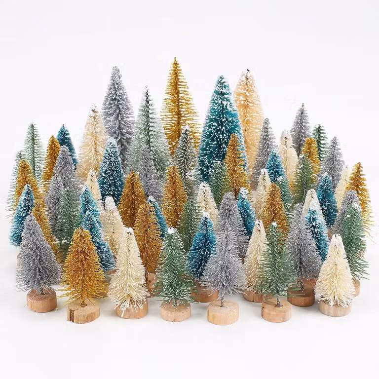 Albero di Natale artificiale, set mini da 60 pezzi, dimensioni 8,5/6,5/4,5 cm, con base in legno
