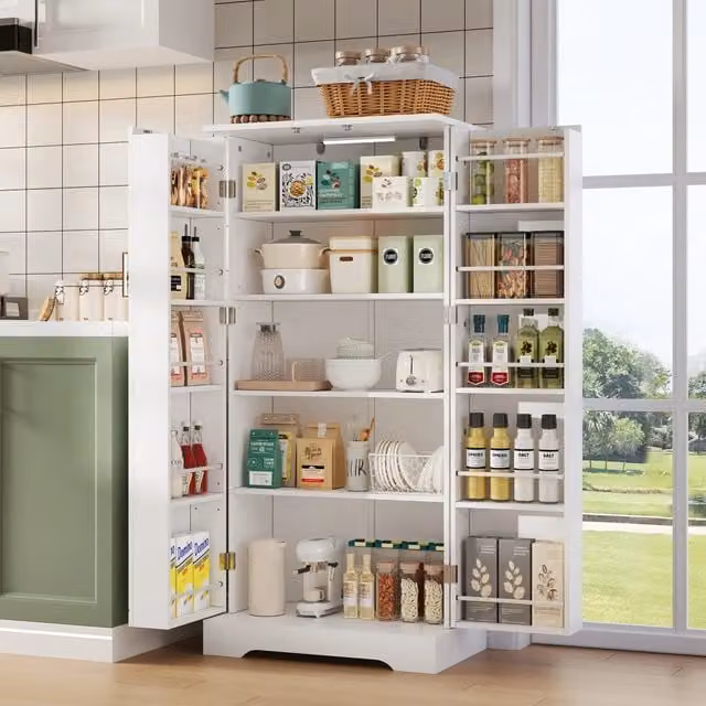 Mobile colonna da cucina con luce LED a sensore; ripiani regolabili e doppie ante bianco 60 × 35 × 128 cm