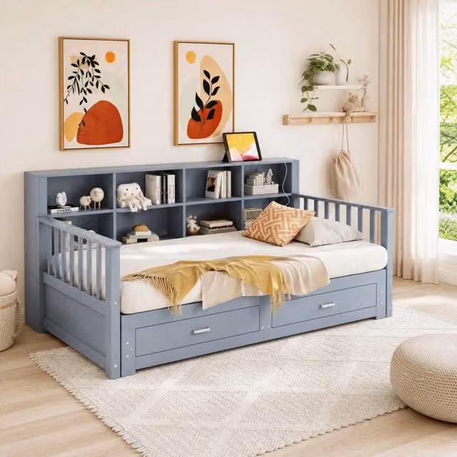 Divano letto Mivray moderno in tessuto grigio con 2 cassetti e struttura in legno e MDF