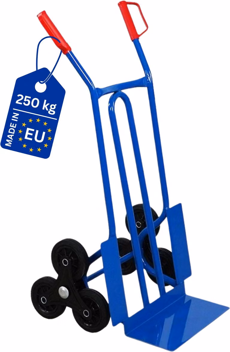 Montascale RHINO in tubolare d'acciaio con benna XL, montanti curvi e pneumatici in gomma piena antiforatura | Portata 250 kg | HxLxP 104x60x54 cm | Blu | Carrello portascale Carrello da trasporto Carrello elevatore