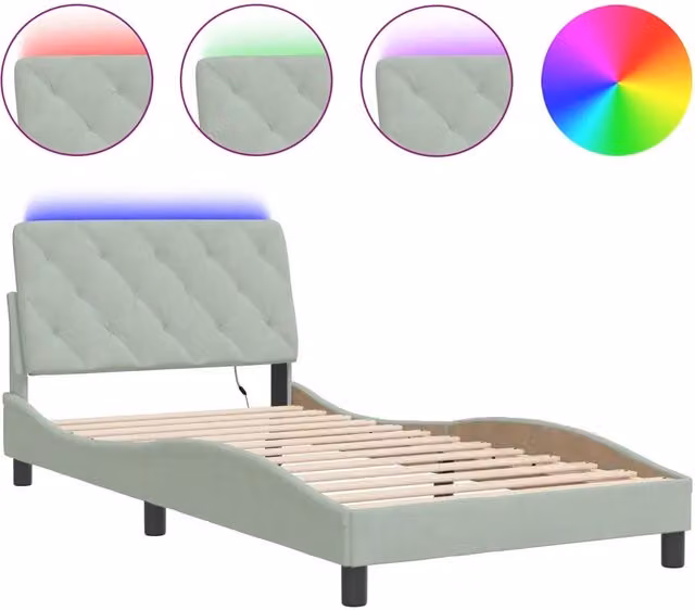 Letto singolo moderno in velluto grigio chiaro con illuminazione LED e porta USB, L/P/H: 100 x 200 cm