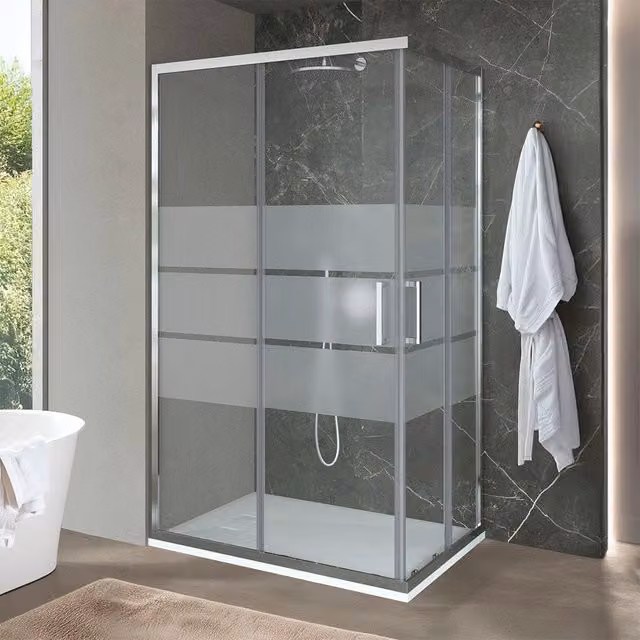 Box doccia angolare Ted con doppio sistema scorrevole in vetro serigrafato L: 160 cm, P: 100 cm