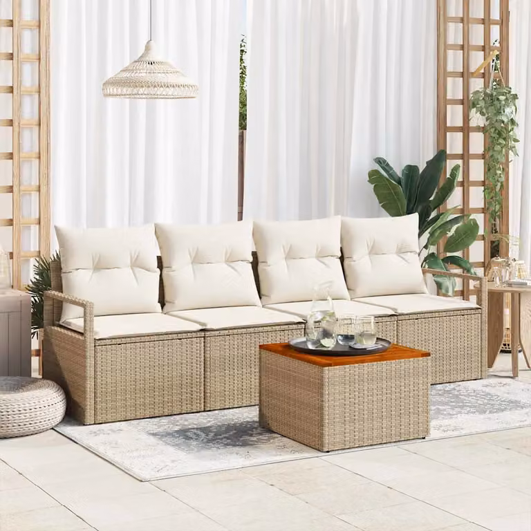 Set Divano da Giardino vidaXL 5 Pezzi Beige con Cuscini e Tavolino in Polyrattan e Acciaio