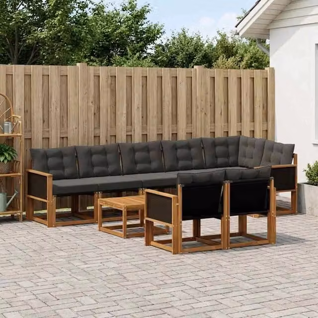 Set di divani da esterno a forma di U vidaXL in legno di acacia e textilene con cuscini e tavolino da caffè, marrone e nero – 1
