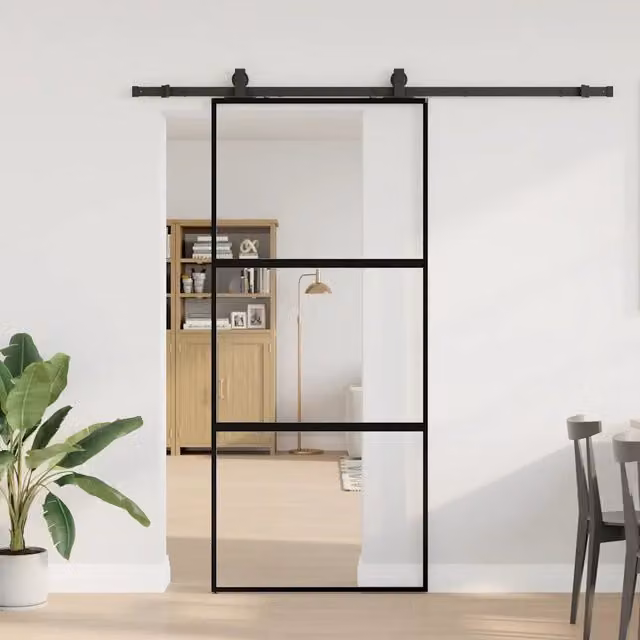 Porta Scorrevole Moderna vidaXL in Vetro e Alluminio Nero L: 90 cm, H: 205 cm – 1