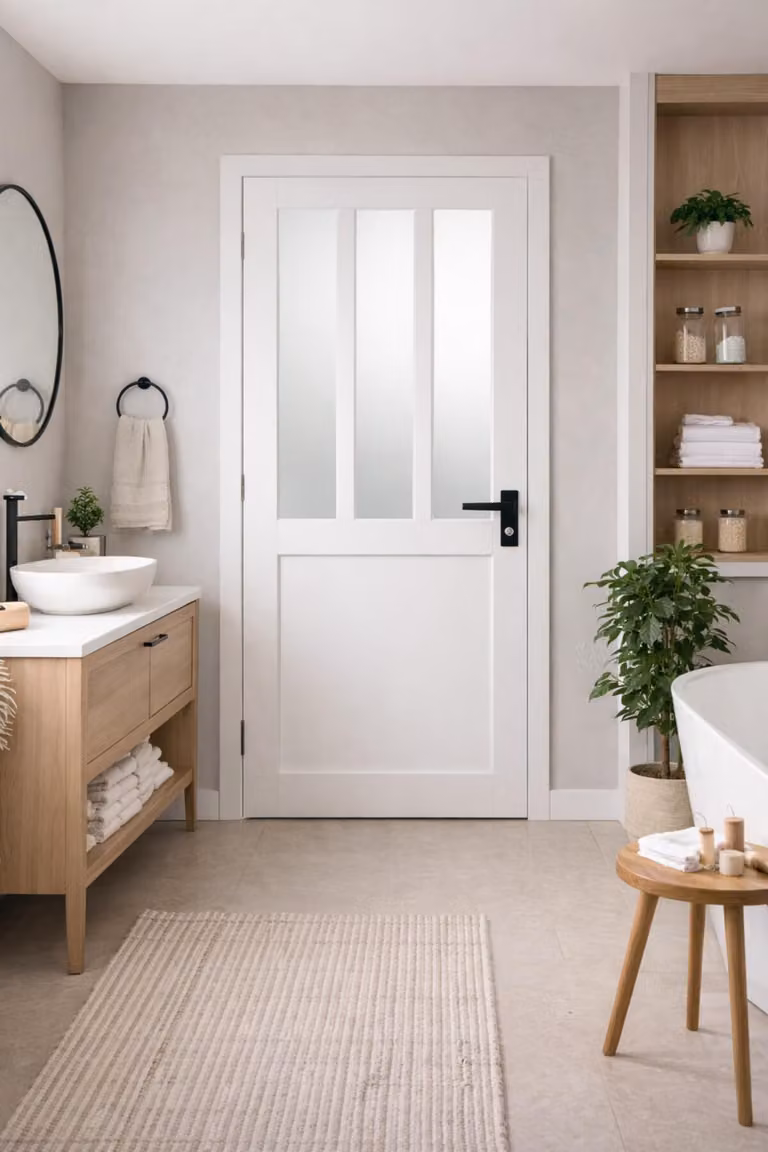 Bloc porte atelier bianco con vetro depoli H204 x L73 cm, lato tavolo P. destro, maniglia GD MENUISERIES