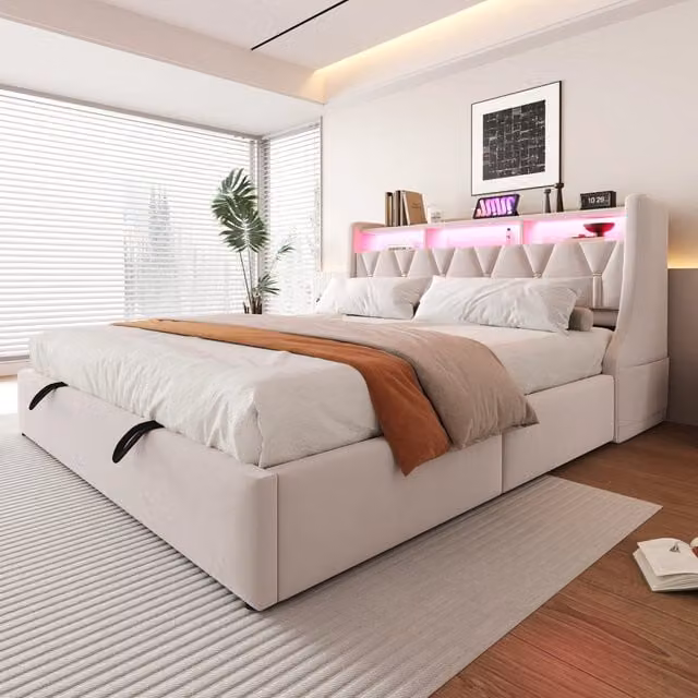 Letto contenitore 180 x 200 cm con prese USB/Type-C e LED, letto matrimoniale in velluto con contenitore idraulico e testiera con contenitore, beige