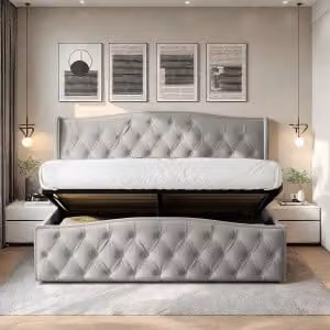 UnboxG Letto imbottito 140x200cm con rete a doghe, letto a molle idrauliche con rete e testiera, letto contenitore letto funzionale letto matrimoniale grigio velluto