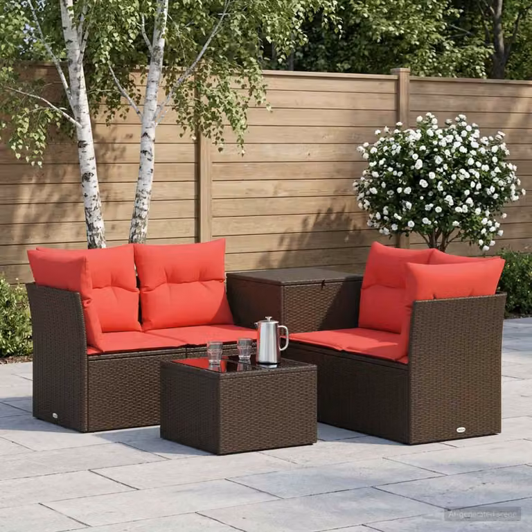 Set di divani da giardino vidaXL a forma di U in rattan sintetico marrone e rosso con cuscini e tavolino da caffè