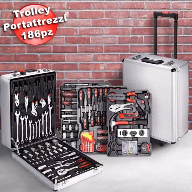 Set di attrezzi Trade Shop da 186 pezzi con trolley e valigia portautensili in alluminio e acciaio, colore argento