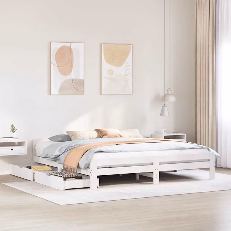 vidaXL Letto in Legno Massello di Pino Bianco con Cassetti e Doghe Fisse L/P/H: 180 x 200 x 103,5 cm