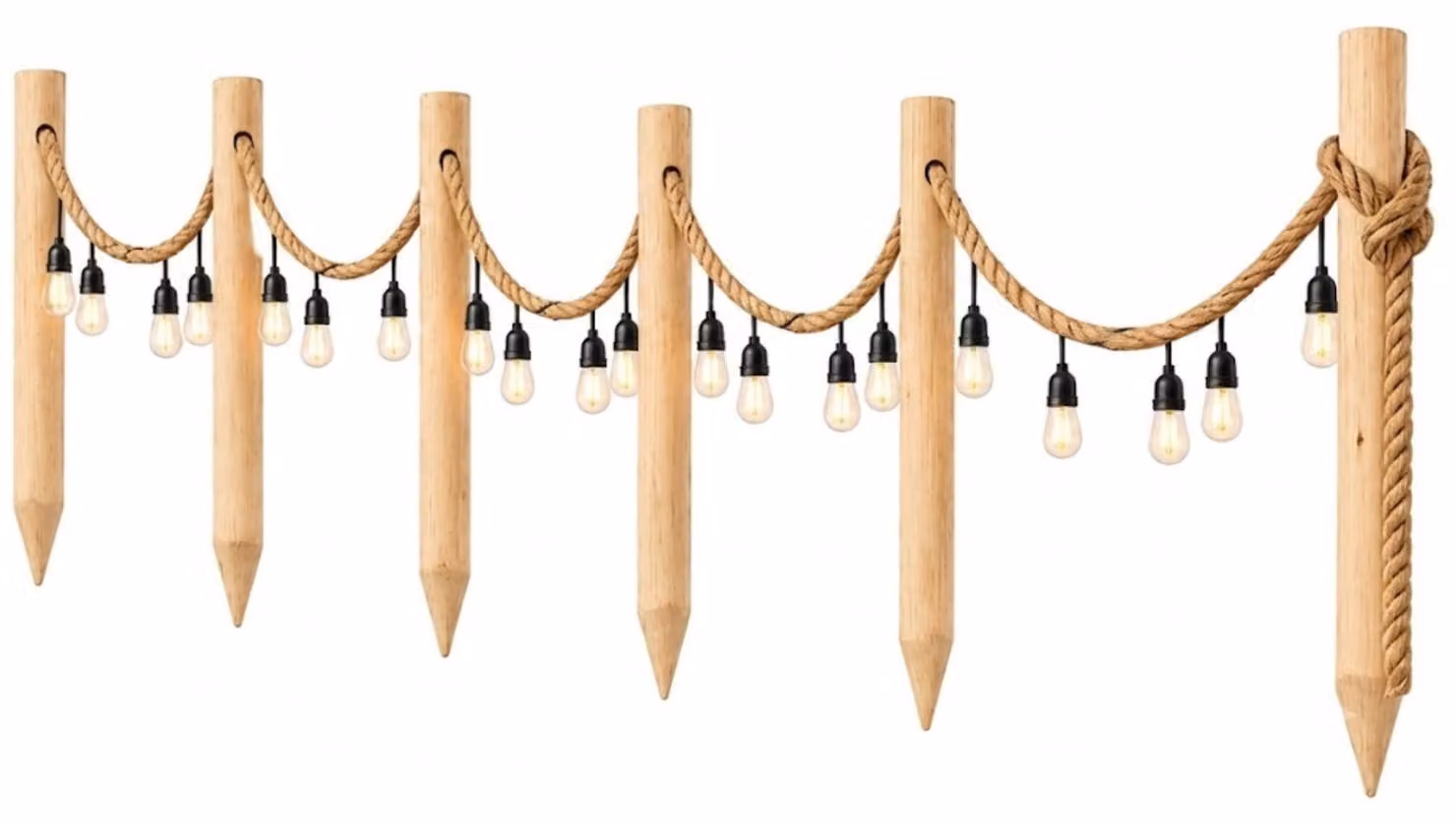 Recinzione da Giardino in Legno con Catena Luminosa LED 10 m, 6 Pali 8 x 80 cm, Corda in Juta 12 m, E27 IP65, Luce Bianco Caldo