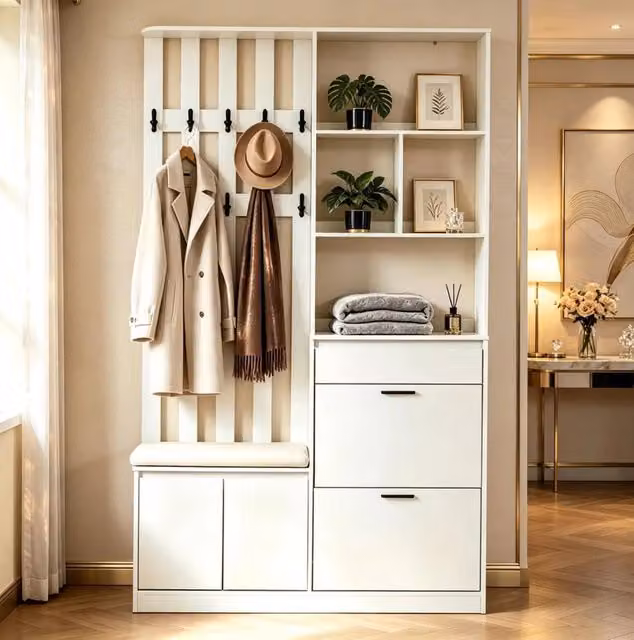 Mobile guardaroba ingresso ULEVR 120x30x200 cm con panca imbottita, 2 scarpiere a ribalta e 10 ganci, bianco