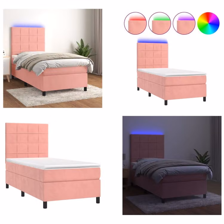vidaXL Letto a molle con materasso e LED rosa 90x190 cm in velluto - Letto a molle - Letti a molle - Letto - Mobili per la camera da letto
