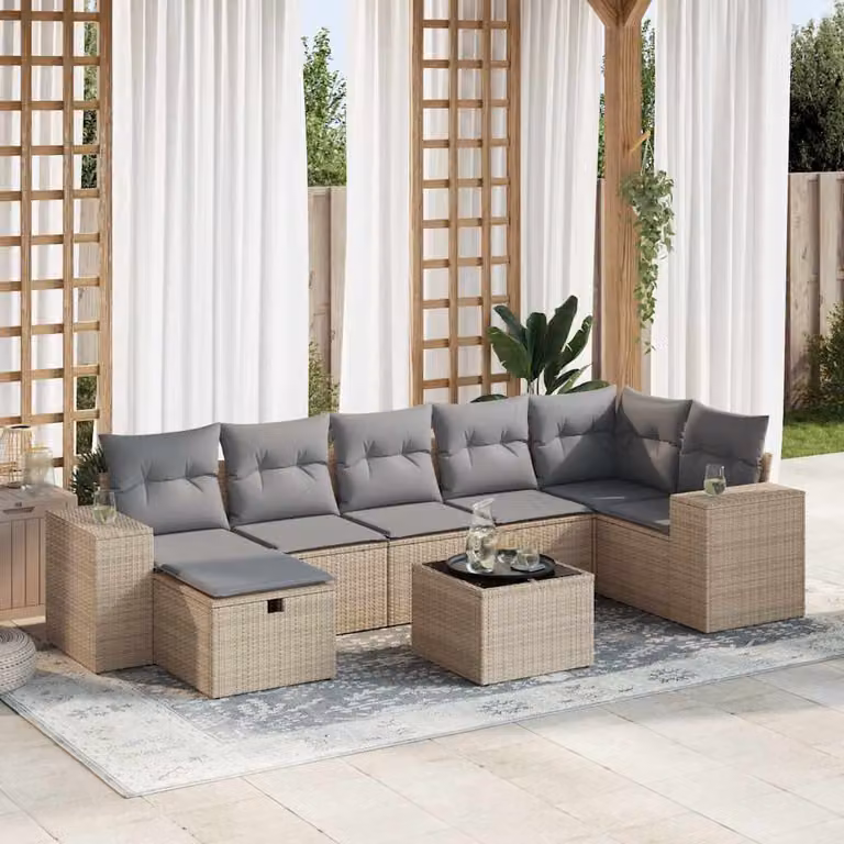 Set Divano da Giardino vidaXL 8 pz a L con Cuscini Beige e Tavolino in Polyrattan e Metallo