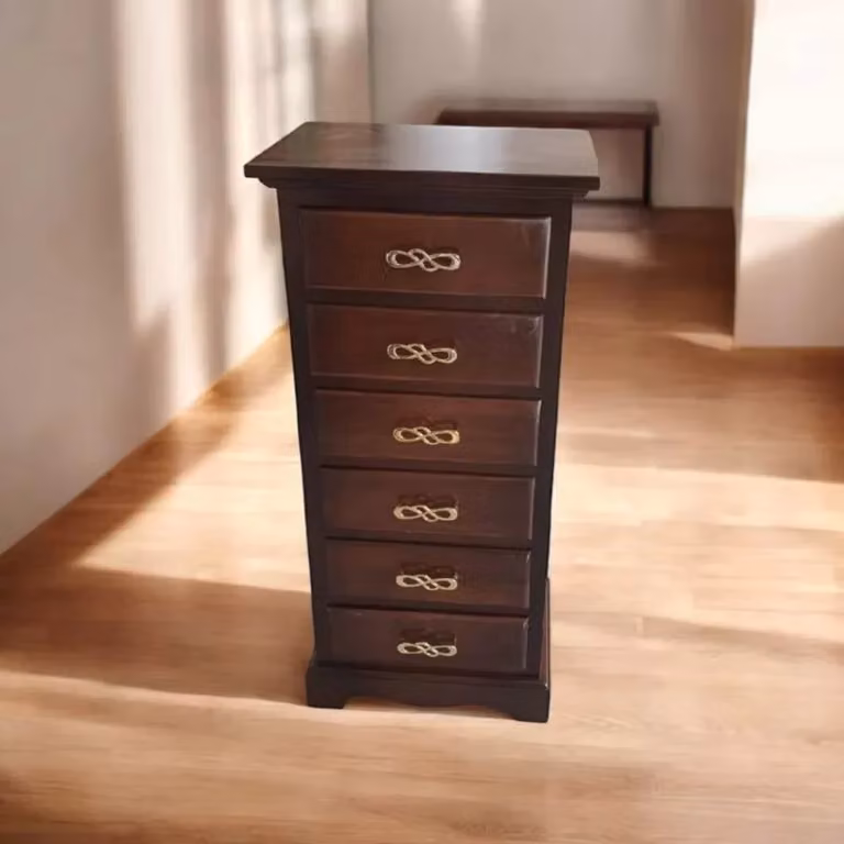 Cassettiera arte povera Mobili 2G con 6 cassetti in legno noce scuro e maniglie oro L 50 cm, P 35 cm, H 105 cm
