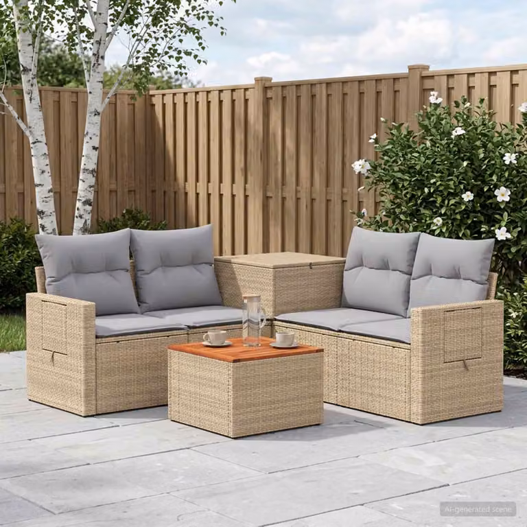 vidaXL Set di divani da giardino 6 pz in polyrattan beige e grigio con tavolo da caffè e cuscini