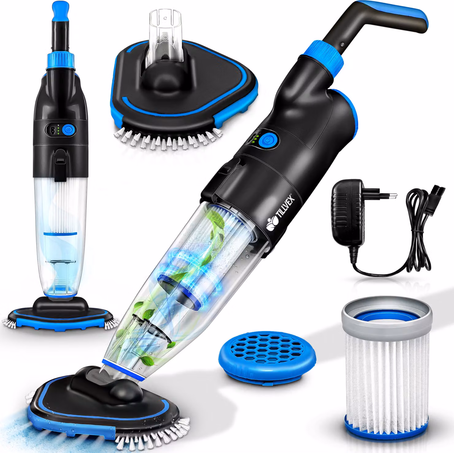 aspiratore per piscina tillvex con batteria - fino a 25 m³ | Aspiratore per piscina elettrico | Aspiratore per piscina con filtro e sistema a 2 velocità | Set di pulizia aspirapolvere portatile cordless