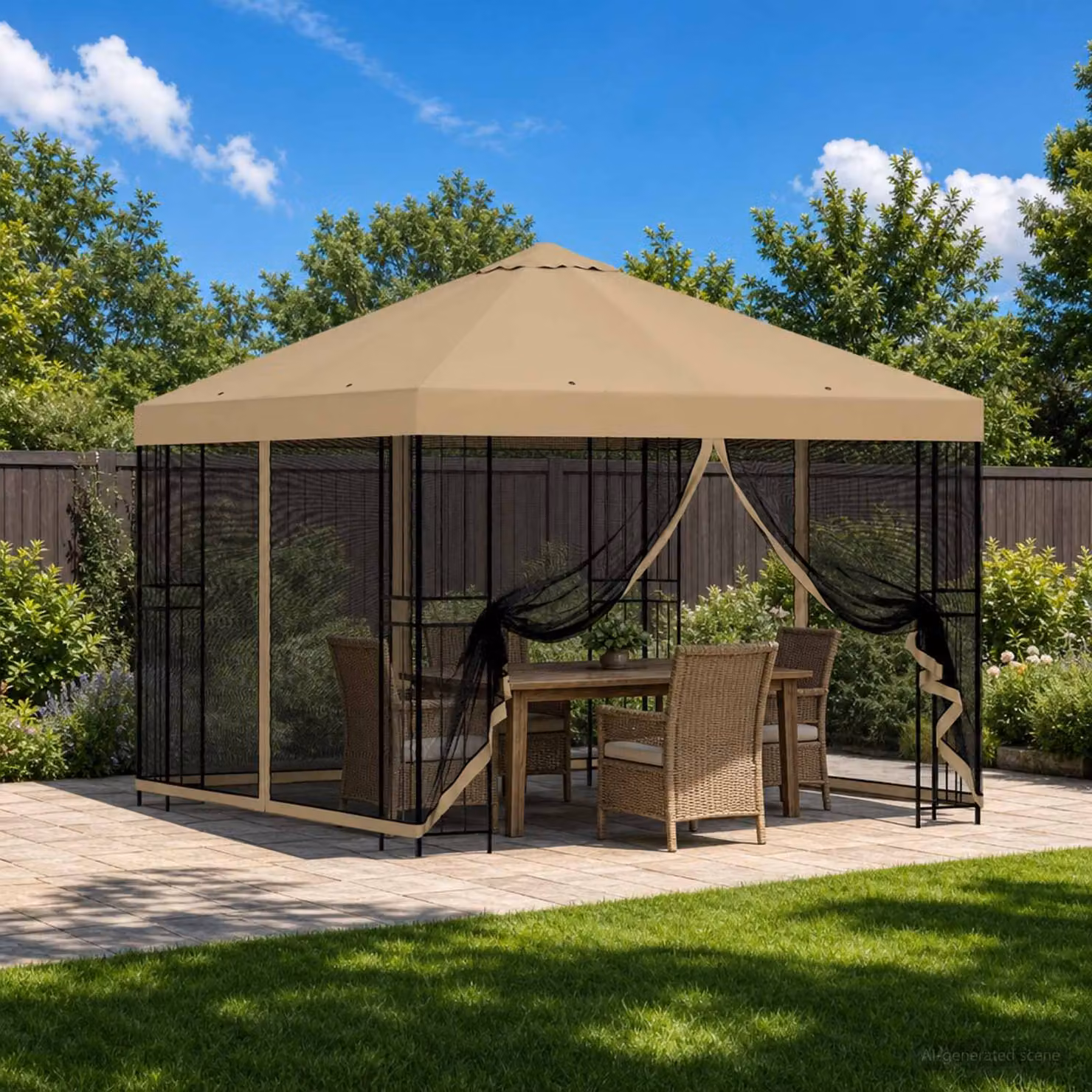 vidaXL Gazebo da giardino moderno con pareti laterali e finestre, Beige e Nero, L 300 x P 300 x H 276,5 cm