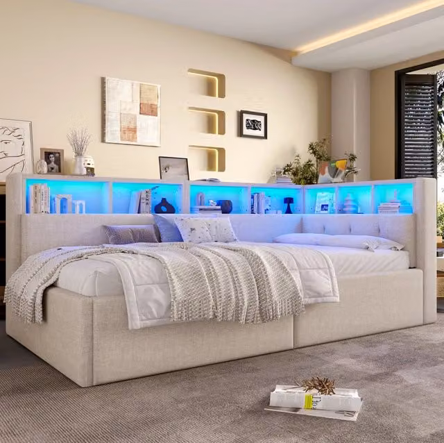 Letto giorno 90x200 cm in MDF e lino beige con illuminazione LED multicolore e connessioni USB + Type-C