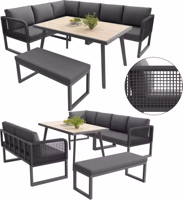 Set da giardino moderno a forma di U in polyrattan grigio con 3 divani a 2 posti, panca, tavolo da caffè e cuscini imbottiti con rivestimenti rimovibili
