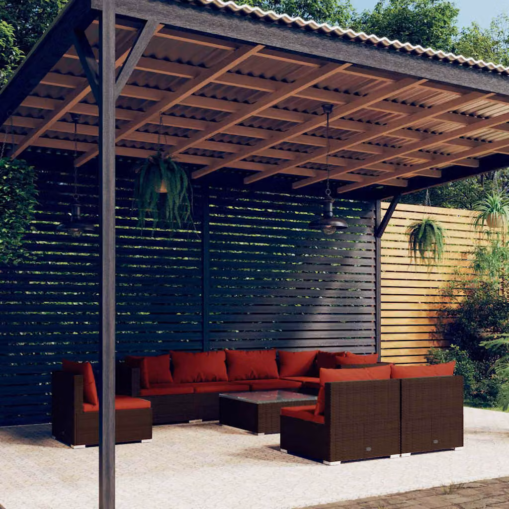 Set Divani da Giardino vidaXL 9 pz in Polyrattan Marrone con Cuscini e Tavolino da Caffè