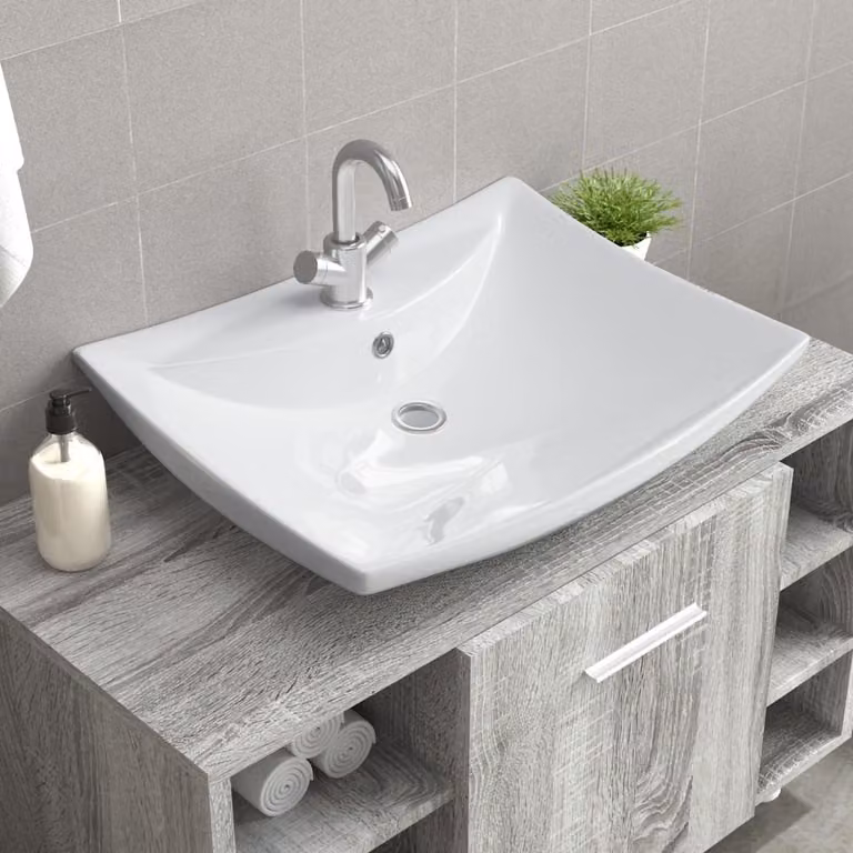 Lussuoso lavabo rettangolare in Vetroceramica con troppopieno e foro per rubinetto