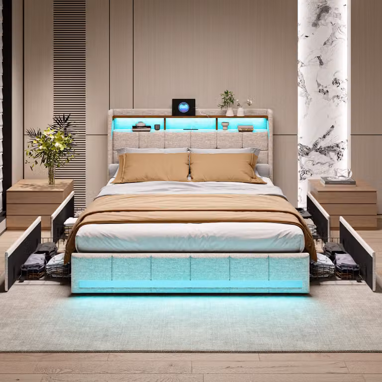 Letto imbottito 160x200cm con USB e prese di corrente, letto per ragazzi letto matrimoniale con 4 cassetti, letto contenitore letto in legno massiccio con LED/tipo C e rete a doghe, biancheria