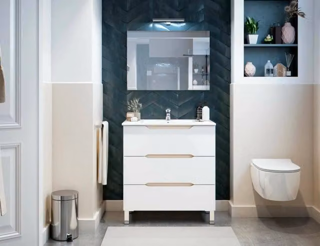 Mobile sottolavabo Dianmu, Mobiletto da bagno, Contenitore porta lavabo, Armadio per lavandino, 80x45 h86 cm, Bianco lucido e Rovere