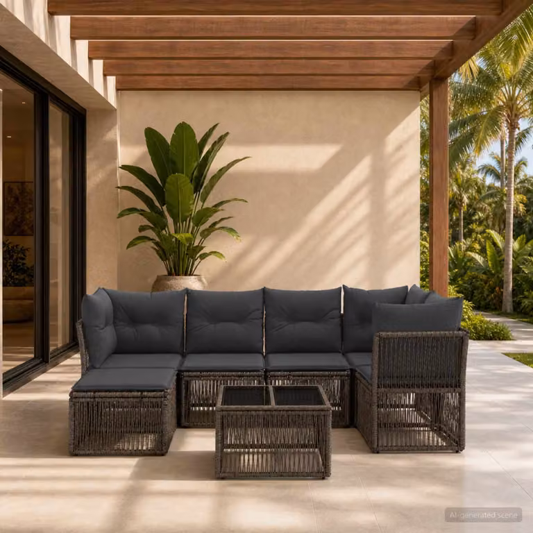 Set Divano da Giardino vidaXL a forma a U composto da 7 pezzi in Polyrattan Grigio con Cuscini e Tavolino da Esterno