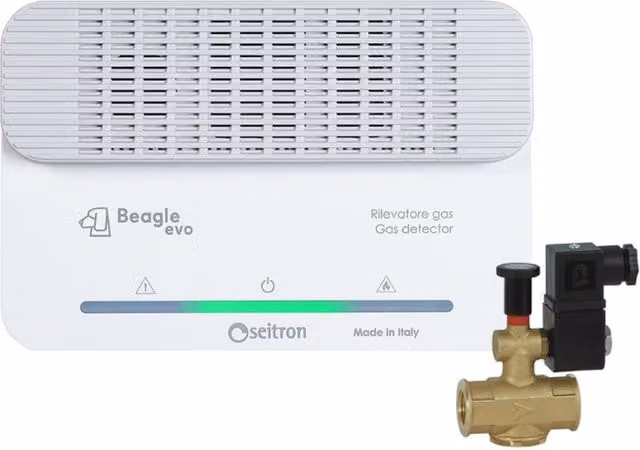 Rilevatore fughe gas metano SEI modello Beagle Evo con elettrovalvola normalmente aperta DN20 3/4 230 V colore bianco