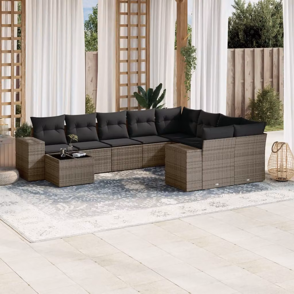 vidaXL Set Divano da Giardino a L 10 pz con Cuscini Grigio in Polyrattan e Tavolino da Caffè – 1