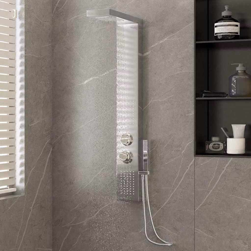 Pannello Doccia vidaXL in Acciaio Inossidabile con Doccino a Mano e Funzioni Rain e Massage, Colore Argento Spazzolato, L: 47,0 cm, P: 15,0 cm, H: 114,0 cm – 1