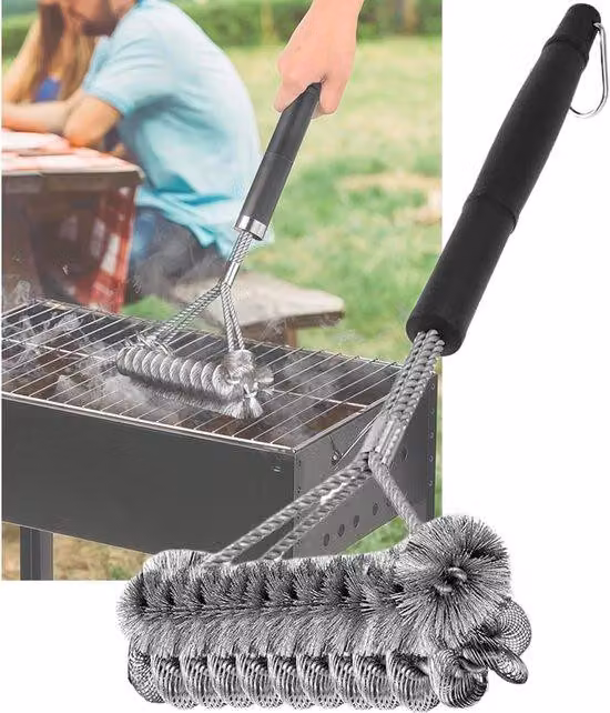 Spazzola per barbecue in acciaio inossidabile, manico extra lungo, setole metalliche, per barbecue a gas e a carbonella
