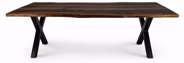 Tavolo da pranzo in noce con bordo naturale e gambe in metallo a forma di X