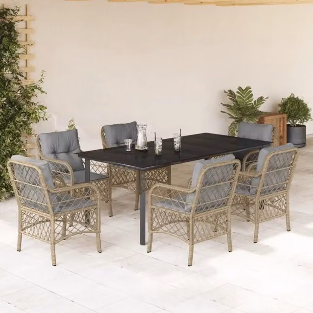 Set da pranzo da giardino vidaXL in polyrattan con tavolo in vetro e 7 pezzi, colori nero, beige e grigio