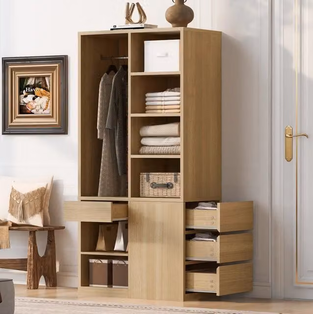 Armadio guardaroba multifunzione con appendiabiti; ripiani aperti e cassetti in MDF color legno