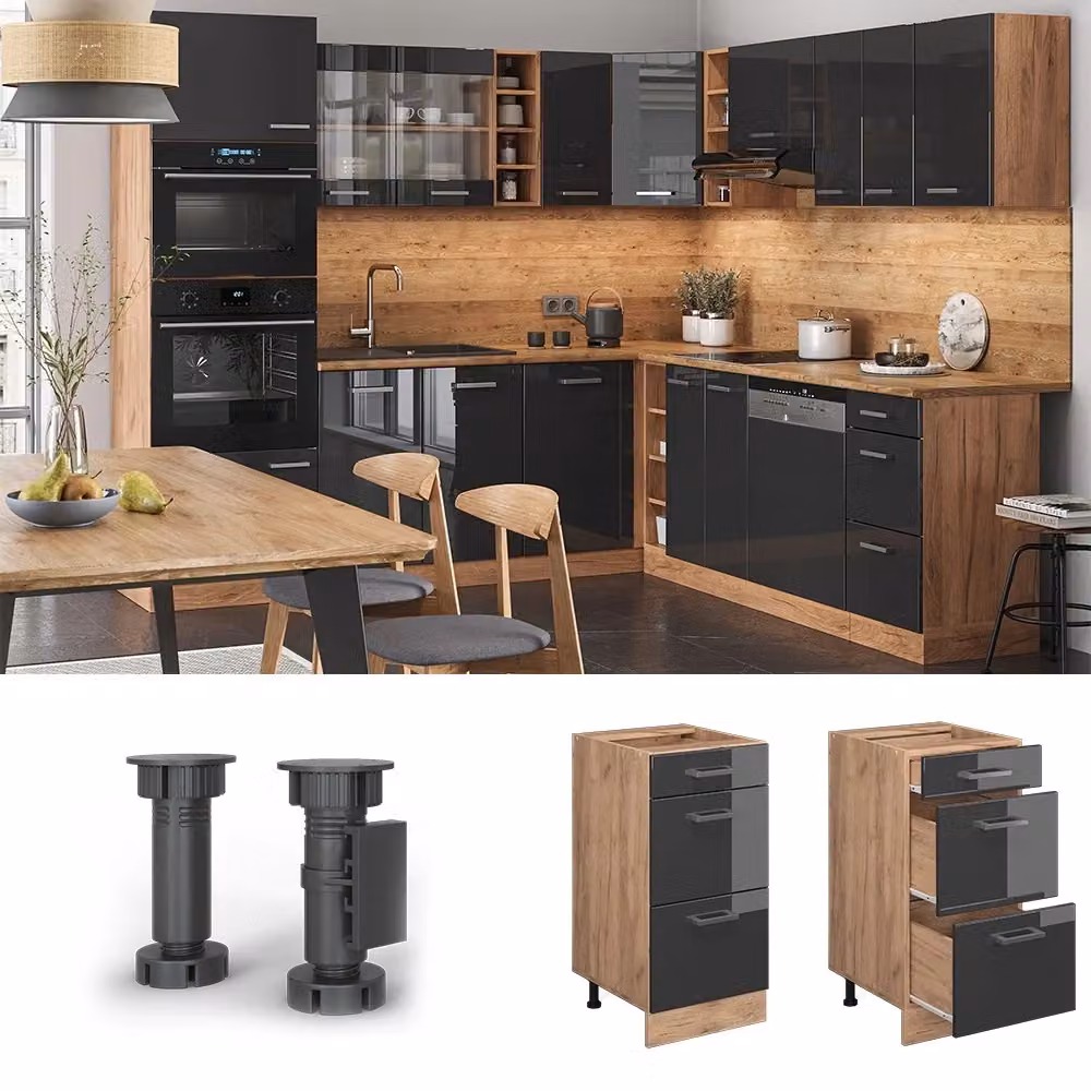 Mobiletto base per cucina Vicco R-Line Antracite lucido e Rovere dorato con cassetti, senza piano di lavoro, L: 40 cm – 2