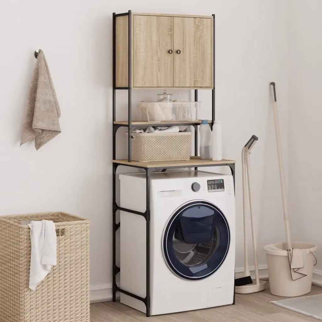 Mobile per lavatrice in stile industrial con ante a battente e ripiani interni, Rovere Sonoma e metallo, Marrone, L: 68 cm, P: 48,5 cm, H: 194 cm – 2