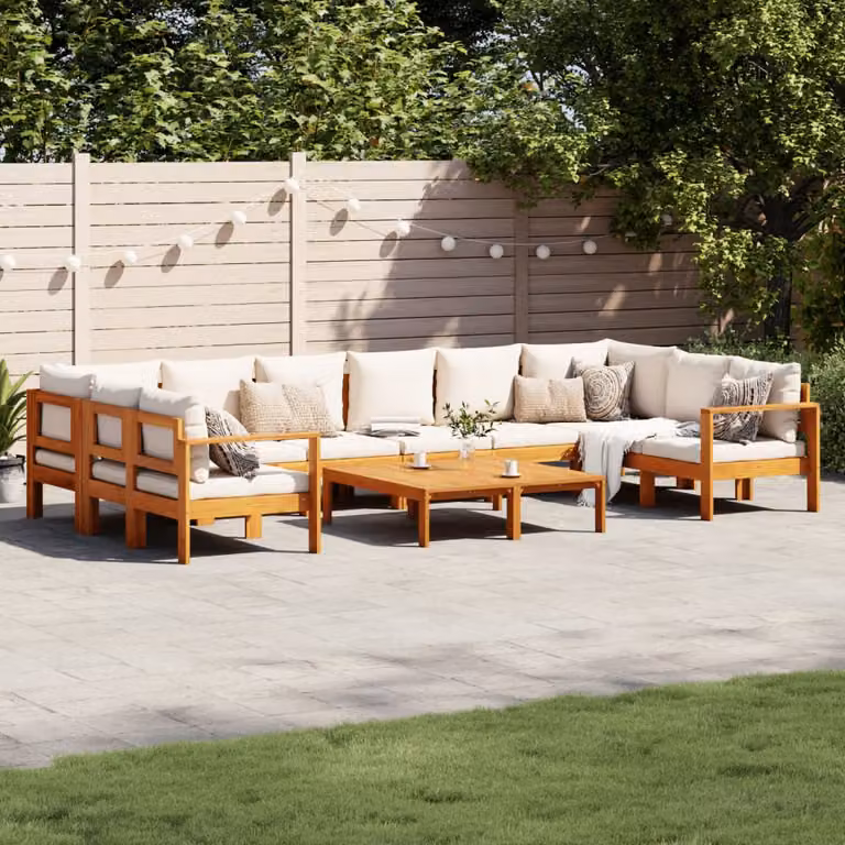 Set Divano da Giardino 8pz vidaXL in Legno di Acacia con Cuscini Beige e Bianchi