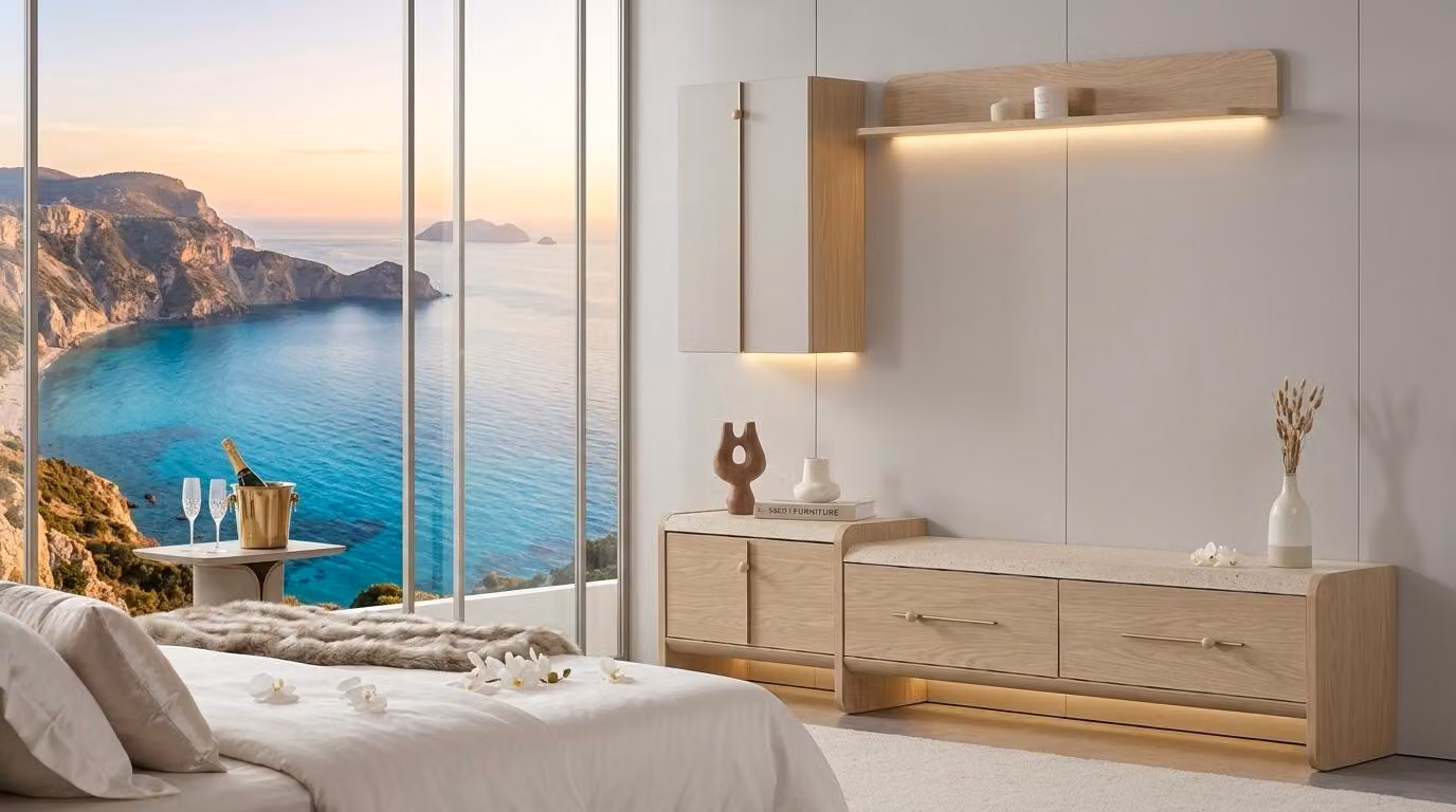 Mobile parete, armadio, credenza, scaffale, soggiorno, stile moderno, colore beige, pratico