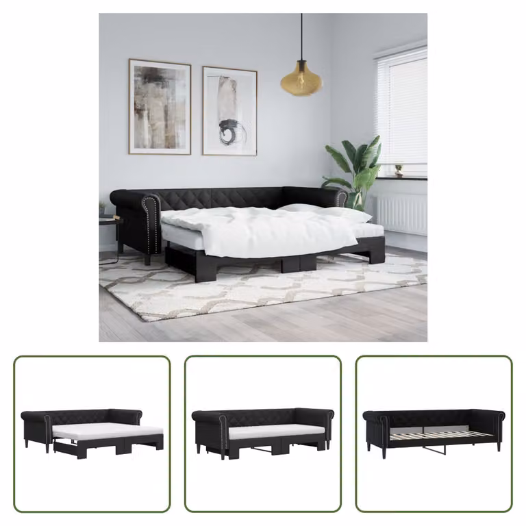 The Living Store Letto da giorno allungabile con materassi nero 90x200 cm in ecopelle